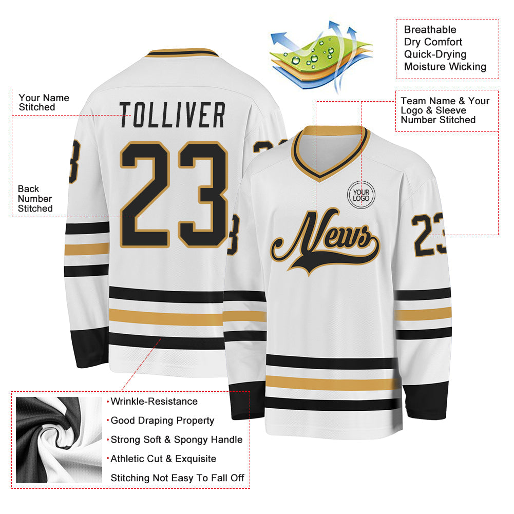 Custom White Black-Old Gold Hockey Jersey - Sky-Custom