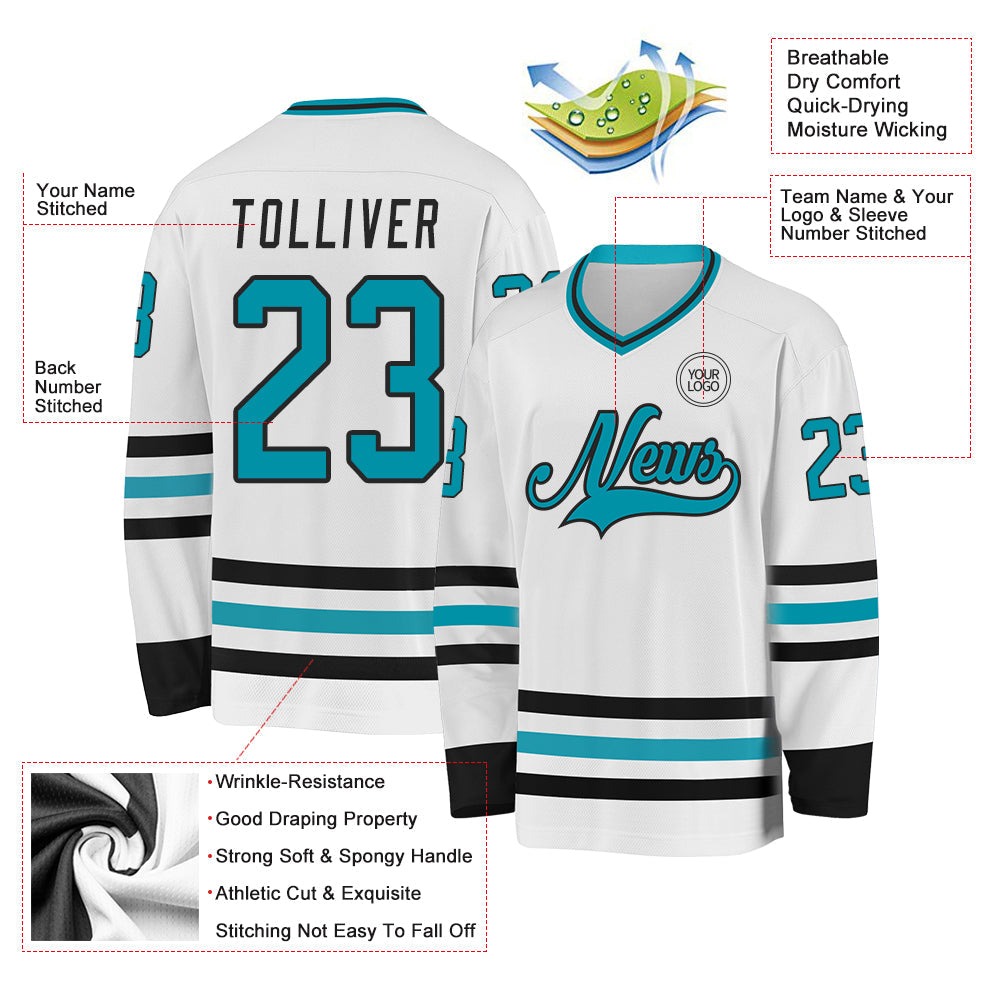 Custom White Teal-Black Hockey Jersey - Sky-Custom