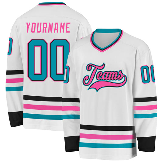 Custom White Teal Black-Pink Hockey Jersey - Sky-Custom