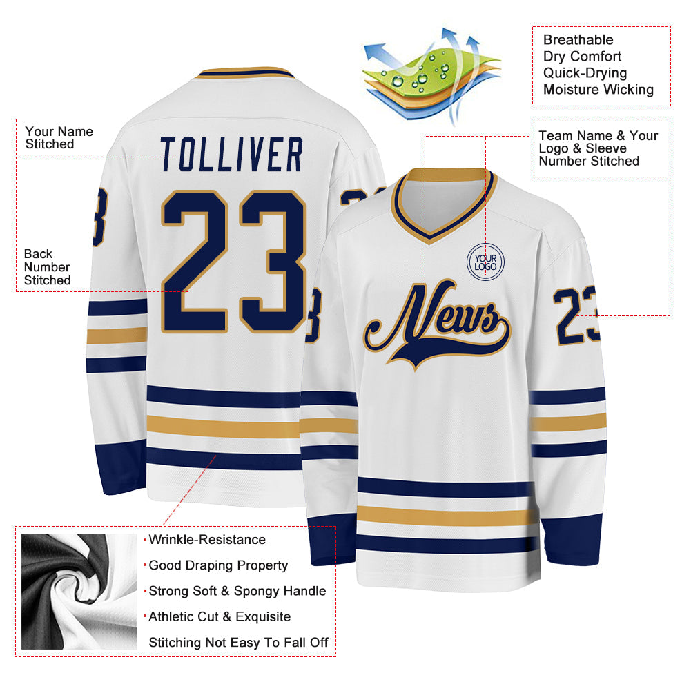 Custom White Navy-Old Gold Hockey Jersey - Sky-Custom