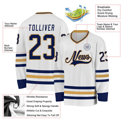 Custom White Navy-Old Gold Hockey Jersey - Sky-Custom