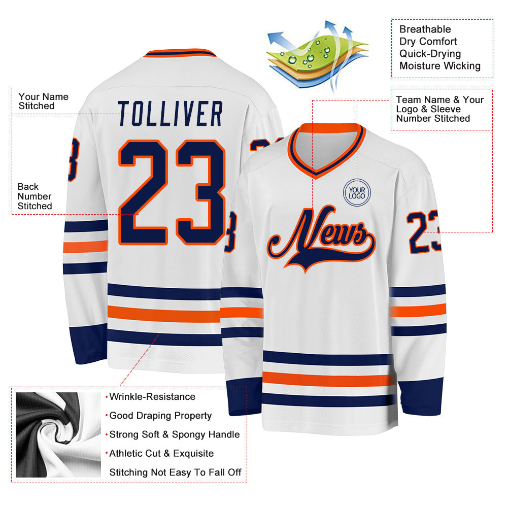 Custom White Navy-Orange Hockey Jersey - Sky-Custom