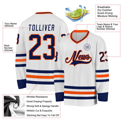 Custom White Navy-Orange Hockey Jersey - Sky-Custom