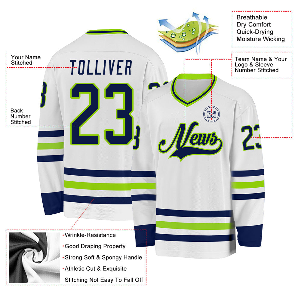 Custom White Navy-Neon Green Hockey Jersey - Sky-Custom