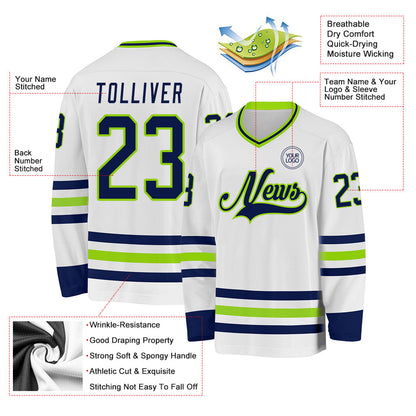 Custom White Navy-Neon Green Hockey Jersey - Sky-Custom