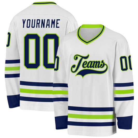 Custom White Navy-Neon Green Hockey Jersey - Sky-Custom