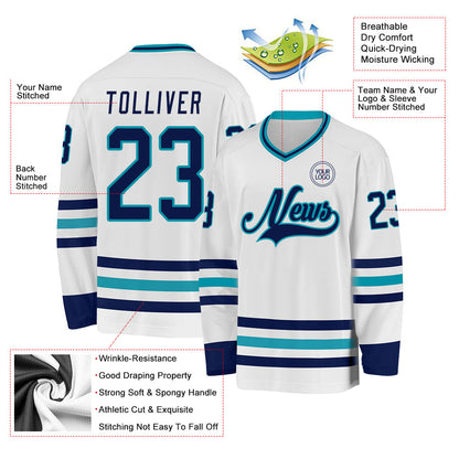 Custom White Navy-Teal Hockey Jersey - Sky-Custom
