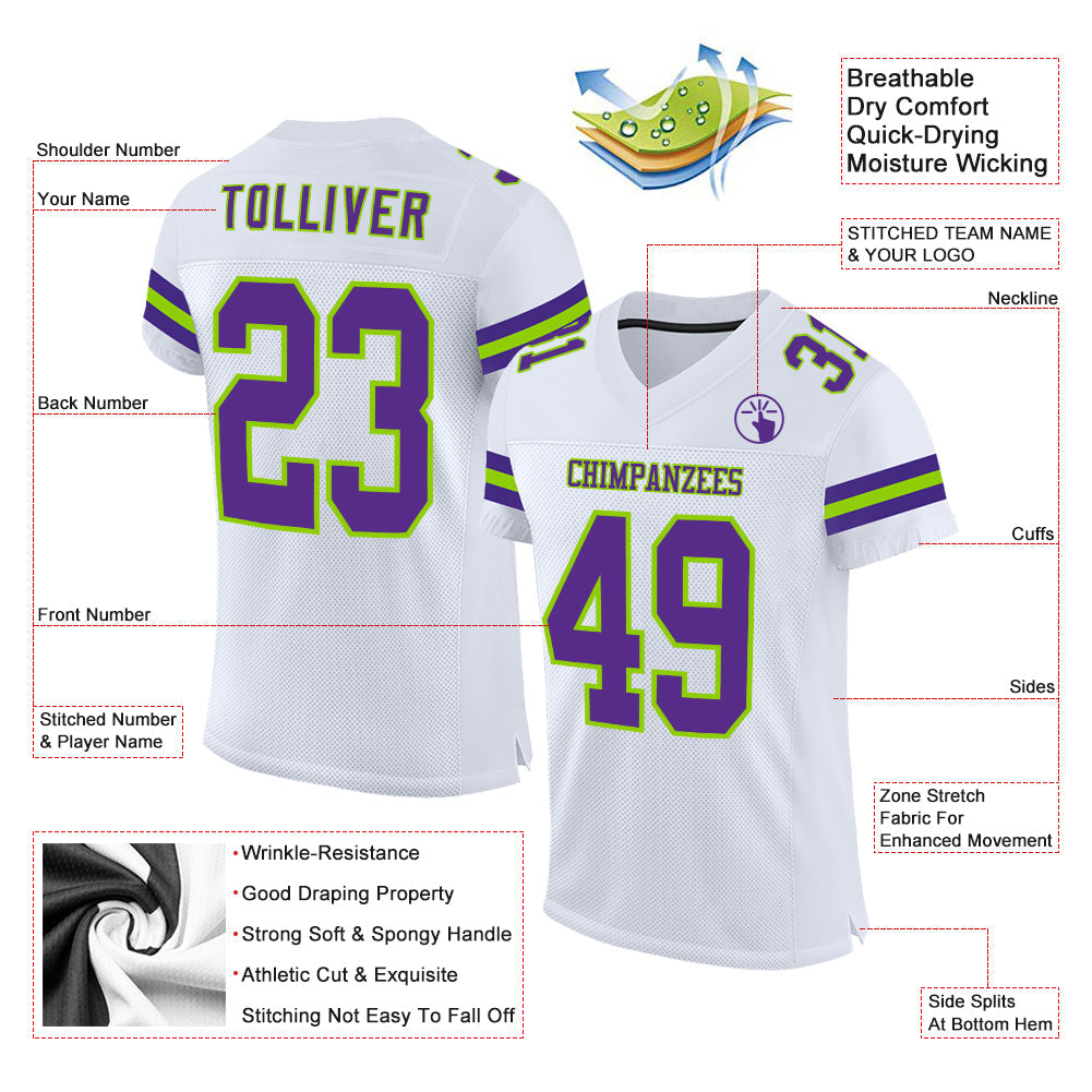 Custom White Purple-Neon Green Mesh Authentic Football Jersey - Sky-Custom