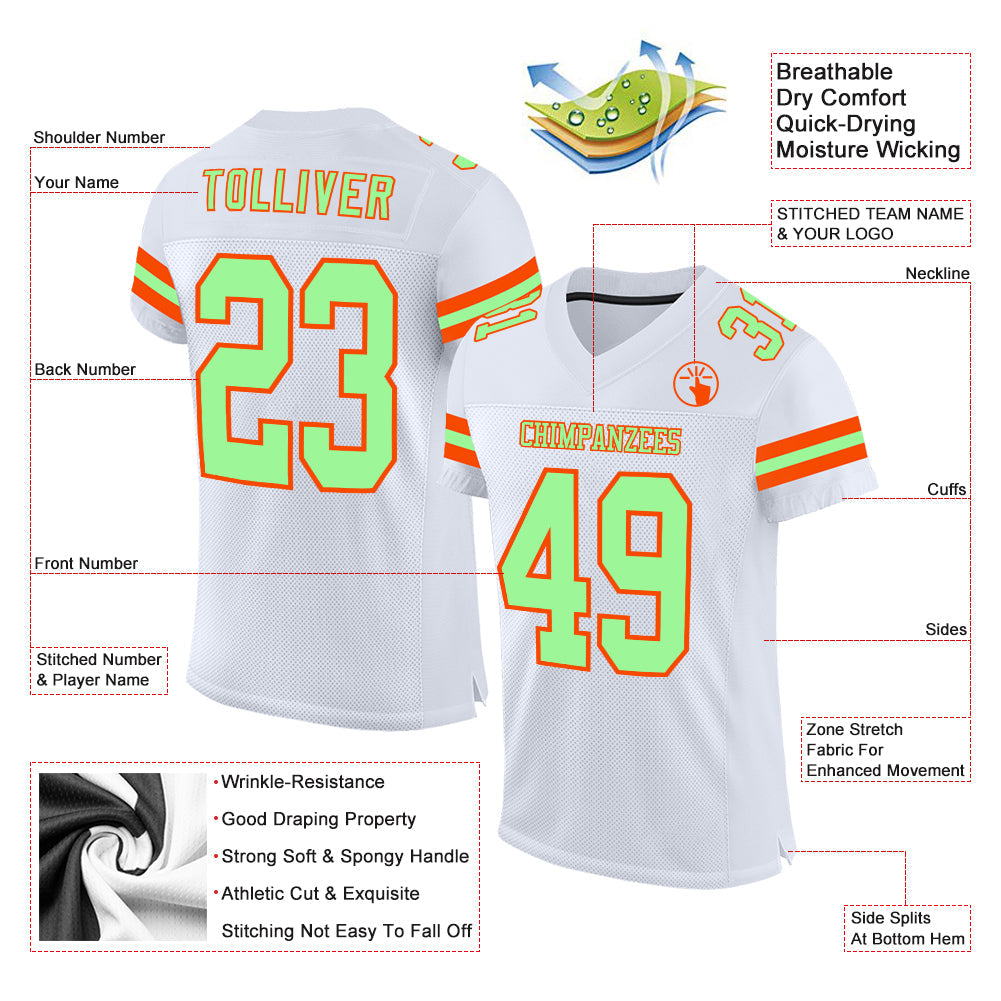 Custom White Pea Green-Orange Mesh Authentic Football Jersey - Sky-Custom
