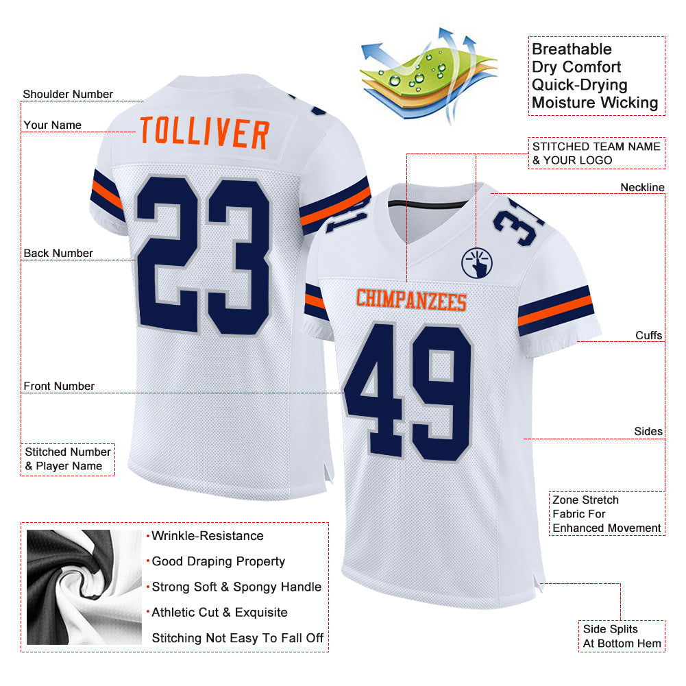Custom White Navy Gray-Orange Mesh Authentic Football Jersey - Sky-Custom