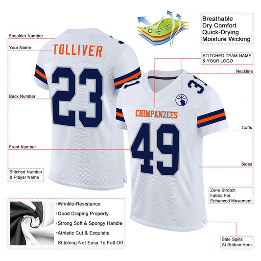 Custom White Navy Gray-Orange Mesh Authentic Football Jersey - Sky-Custom