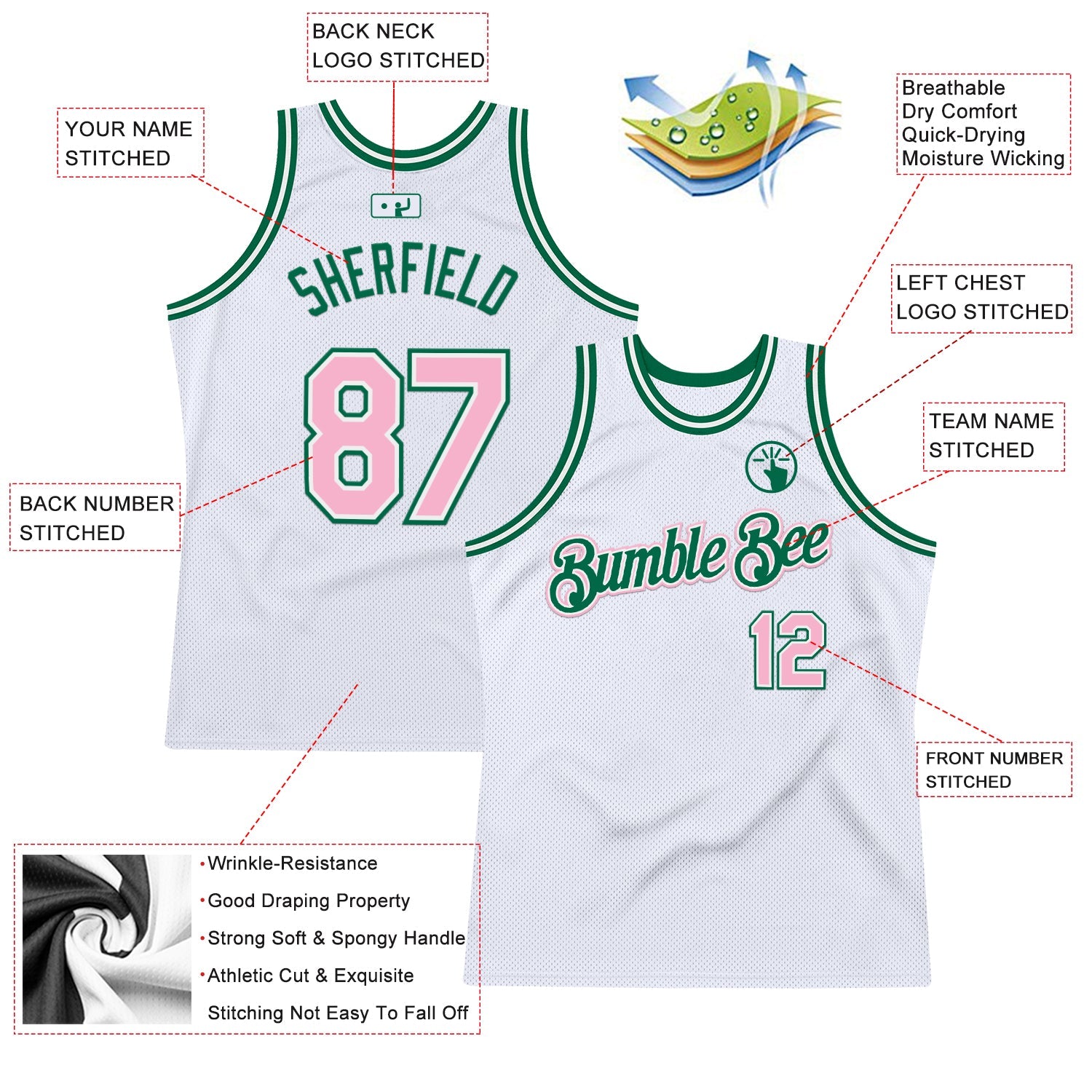 Custom White Light Pink-Kelly Green Authentic Throwback Basketball Jersey - Sky-Custom
