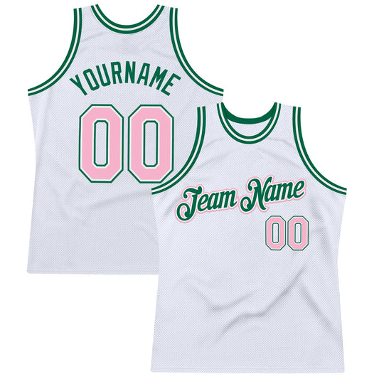Custom White Light Pink-Kelly Green Authentic Throwback Basketball Jersey - Sky-Custom