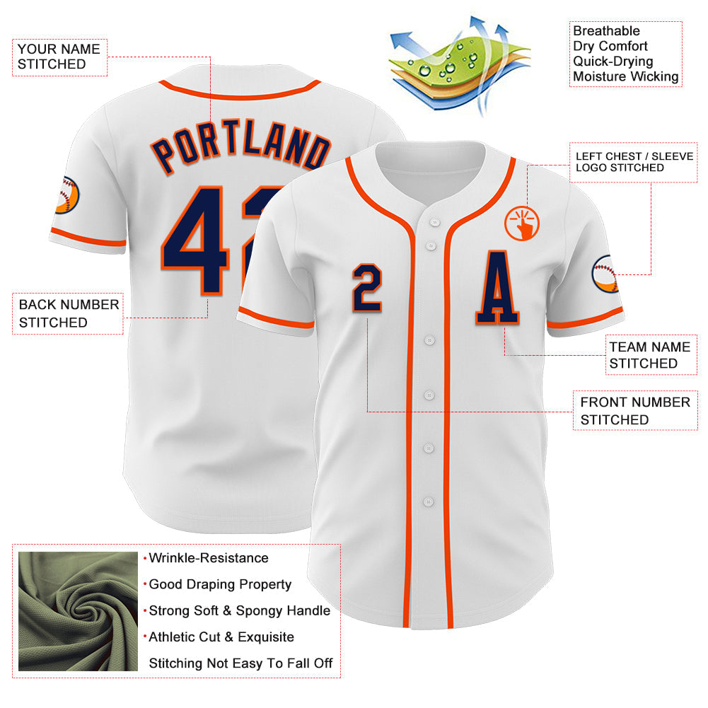 Custom White Navy-Orange Authentic Baseball Jersey - Sky-Custom