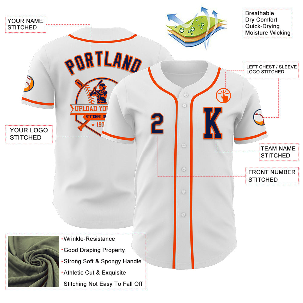 Custom White Navy-Orange Authentic Baseball Jersey - Sky-Custom