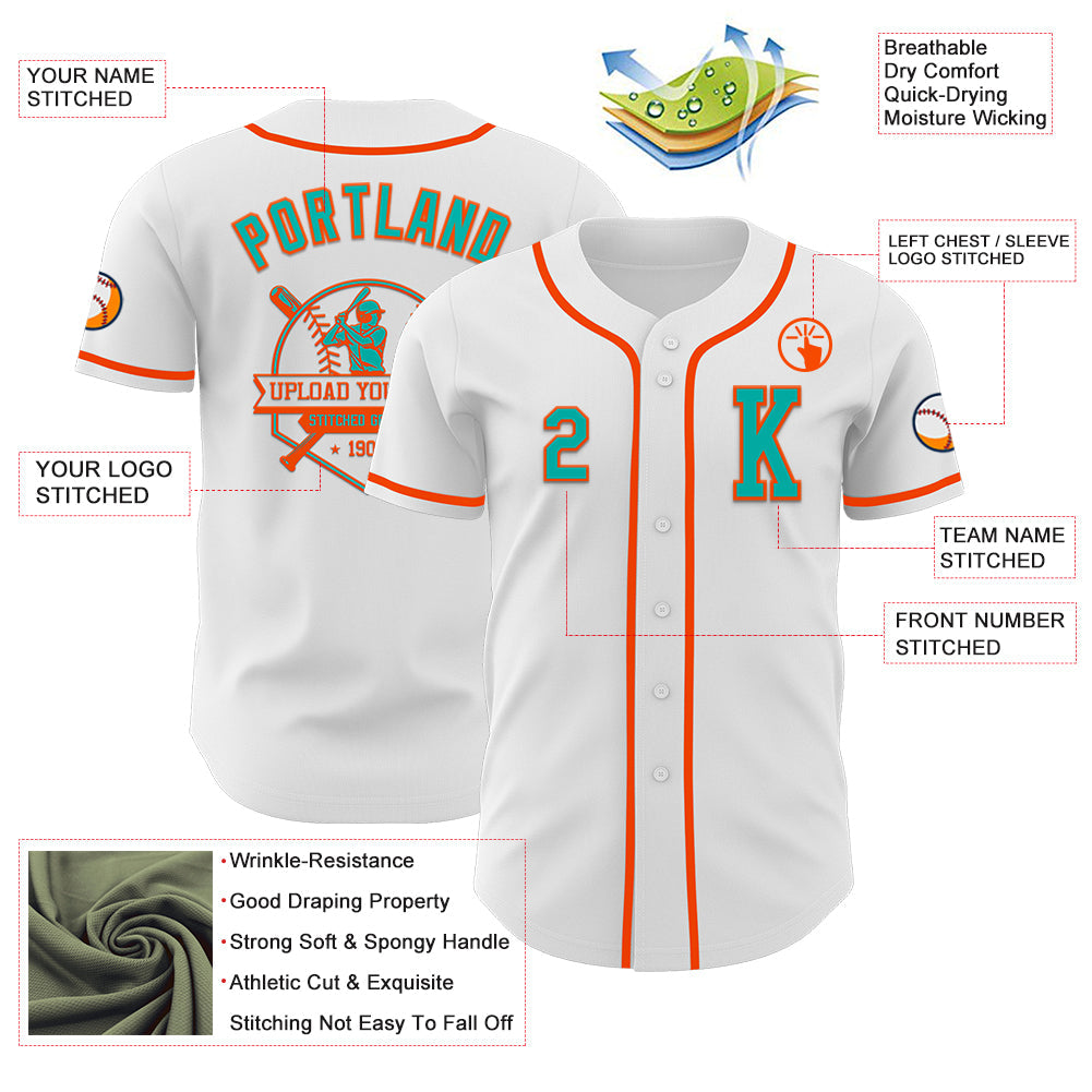 Custom White Aqua-Orange Authentic Baseball Jersey - Sky-Custom