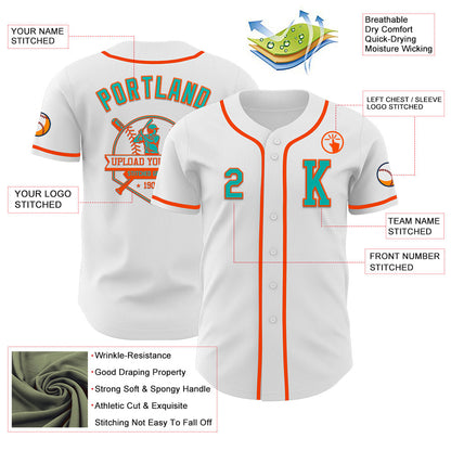 Custom White Aqua-Orange Authentic Baseball Jersey - Sky-Custom