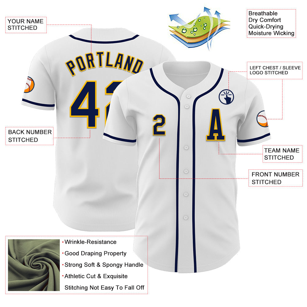 Custom White Navy-Gold Authentic Baseball Jersey - Sky-Custom
