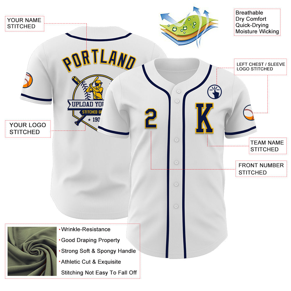Custom White Navy-Gold Authentic Baseball Jersey - Sky-Custom