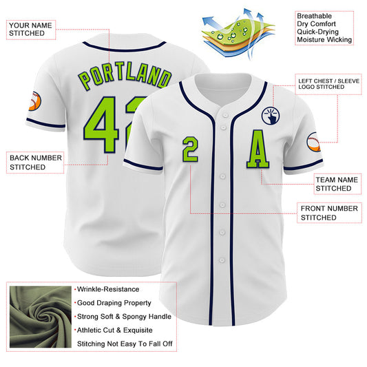 Custom White Neon Green-Navy Authentic Baseball Jersey - Sky-Custom