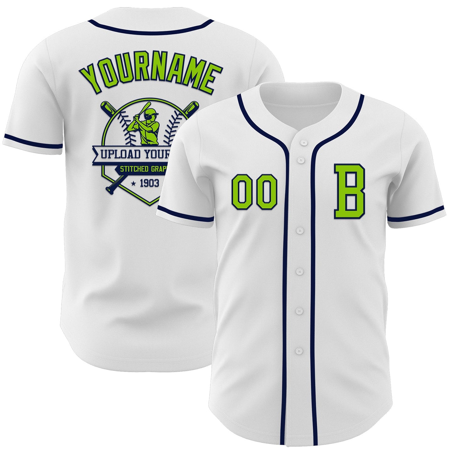 Custom White Neon Green-Navy Authentic Baseball Jersey - Sky-Custom