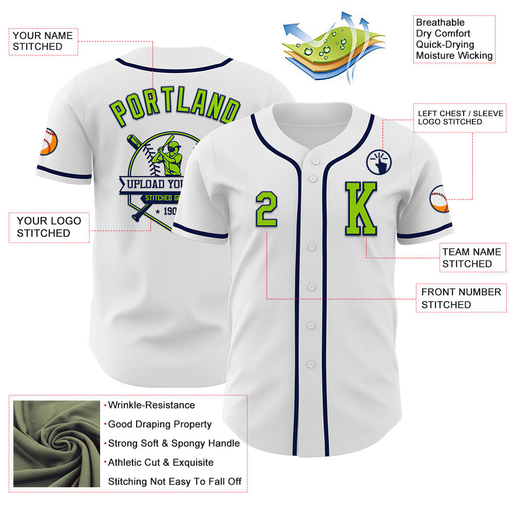 Custom White Neon Green-Navy Authentic Baseball Jersey - Sky-Custom