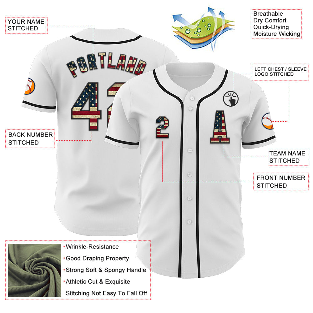 Custom White Vintage USA Flag-Black Authentic Baseball Jersey - Sky-Custom