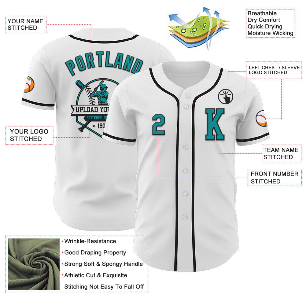 Custom White Teal-Black Authentic Baseball Jersey - Sky-Custom