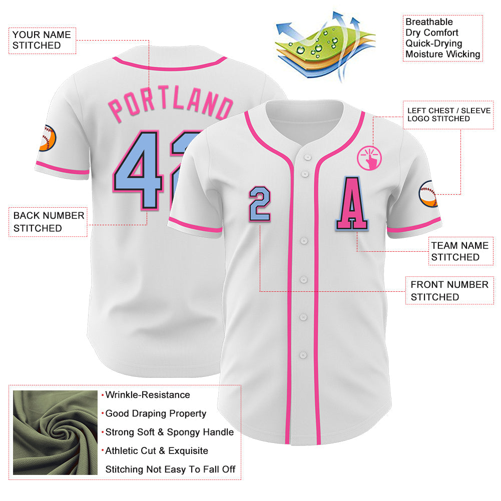 Custom White Light Blue Black-Pink Authentic Baseball Jersey - Sky-Custom