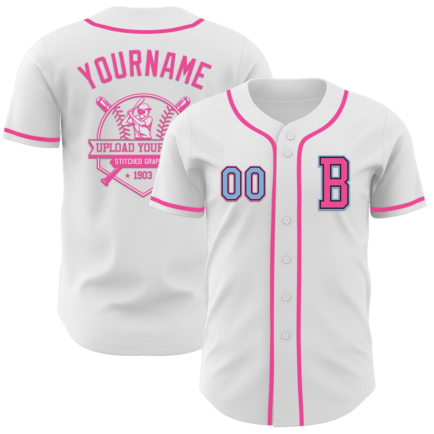 Custom White Light Blue Black-Pink Authentic Baseball Jersey - Sky-Custom