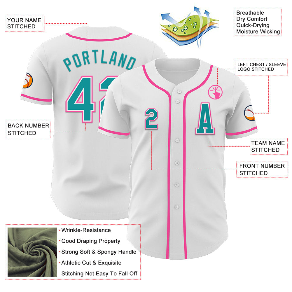 Custom White Teal-Pink Authentic Baseball Jersey - Sky-Custom