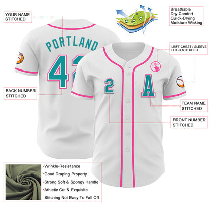 Custom White Teal-Pink Authentic Baseball Jersey - Sky-Custom