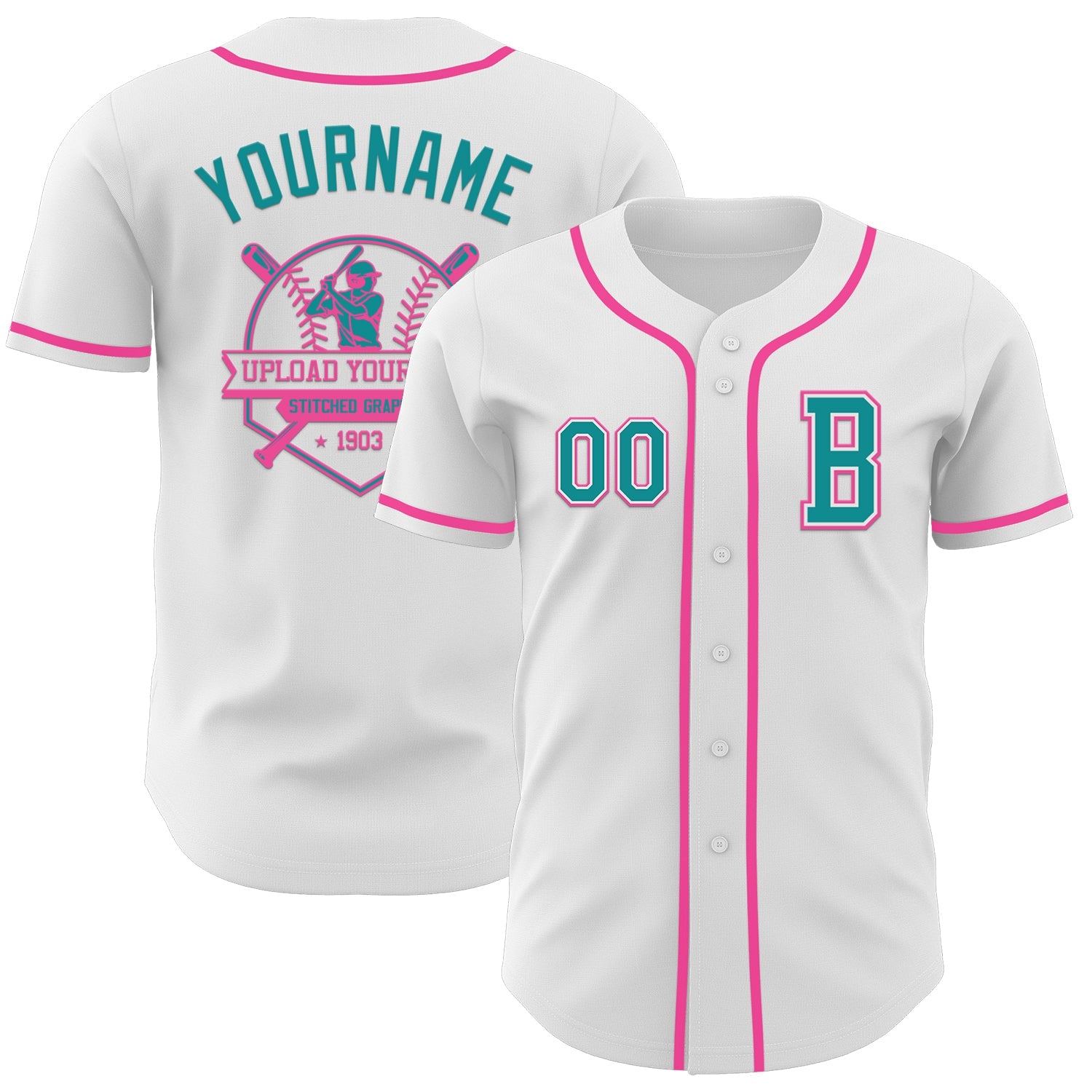 Custom White Teal-Pink Authentic Baseball Jersey - Sky-Custom