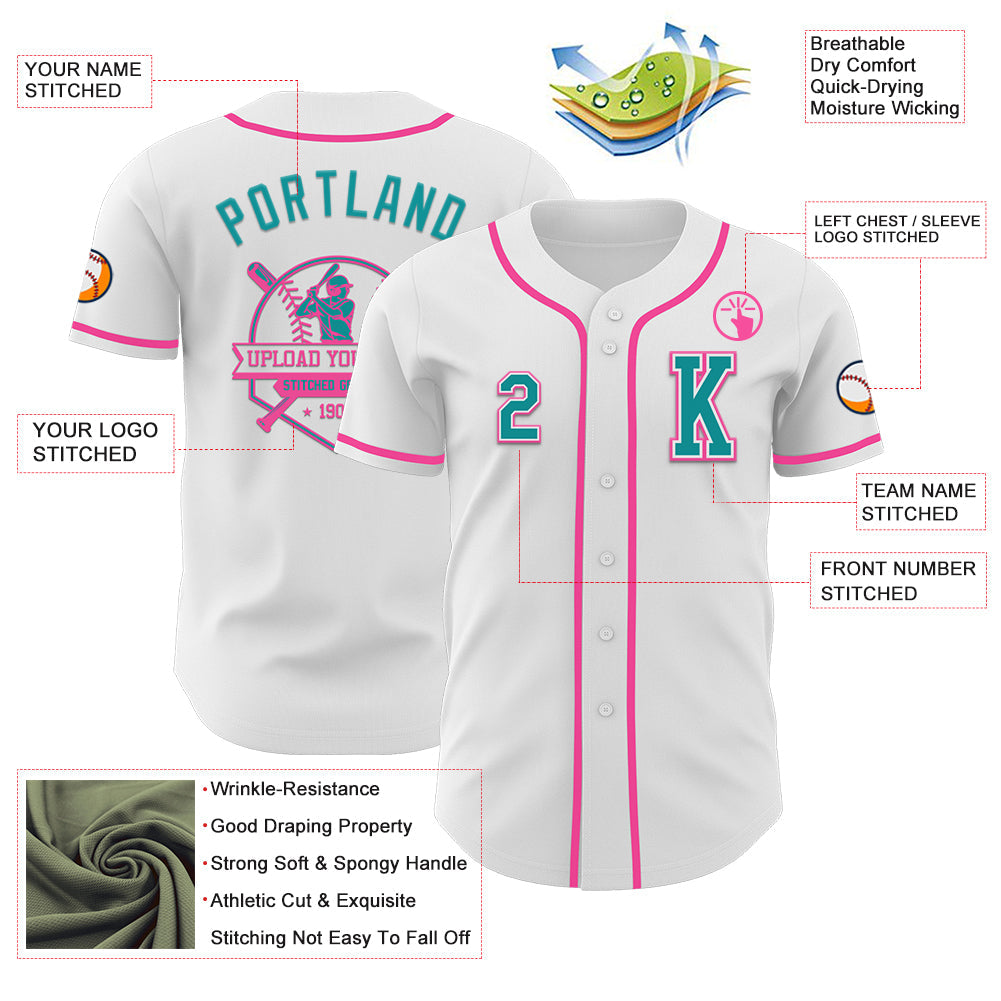 Custom White Teal-Pink Authentic Baseball Jersey - Sky-Custom