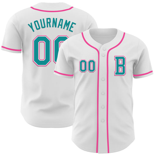 Custom White Teal-Pink Authentic Baseball Jersey - Sky-Custom