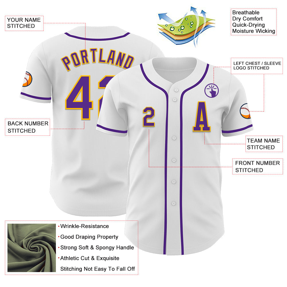 Custom White Purple-Gold Authentic Baseball Jersey - Sky-Custom