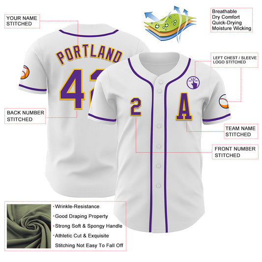 Custom White Purple-Gold Authentic Baseball Jersey - Sky-Custom