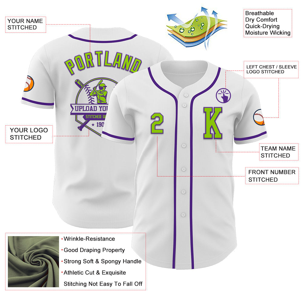 Custom White Neon Green-Purple Authentic Baseball Jersey - Sky-Custom