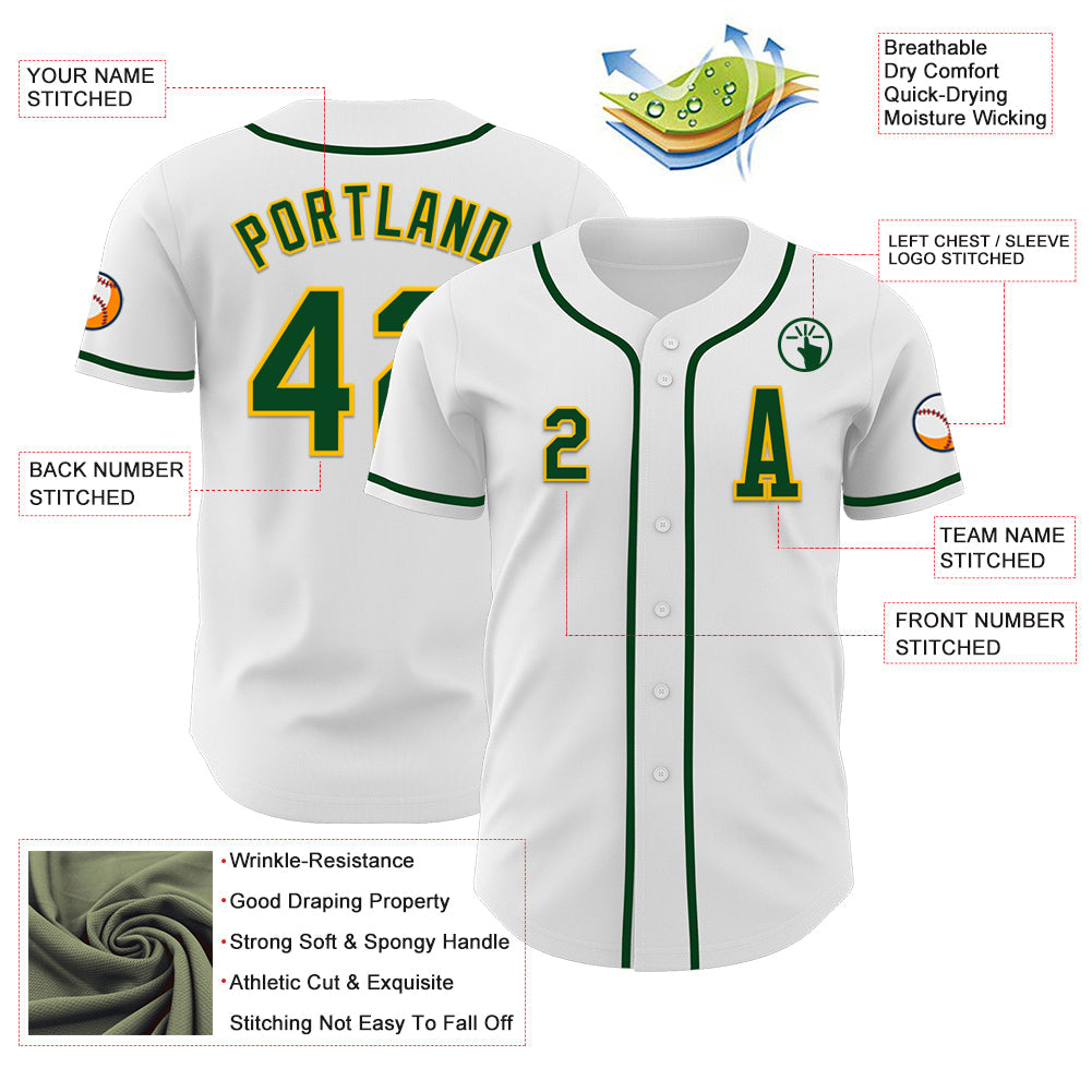 Custom White Green-Gold Authentic Baseball Jersey - Sky-Custom