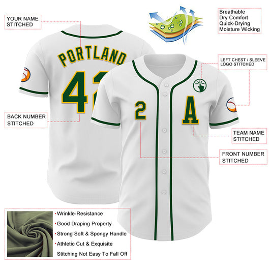 Custom White Green-Gold Authentic Baseball Jersey - Sky-Custom