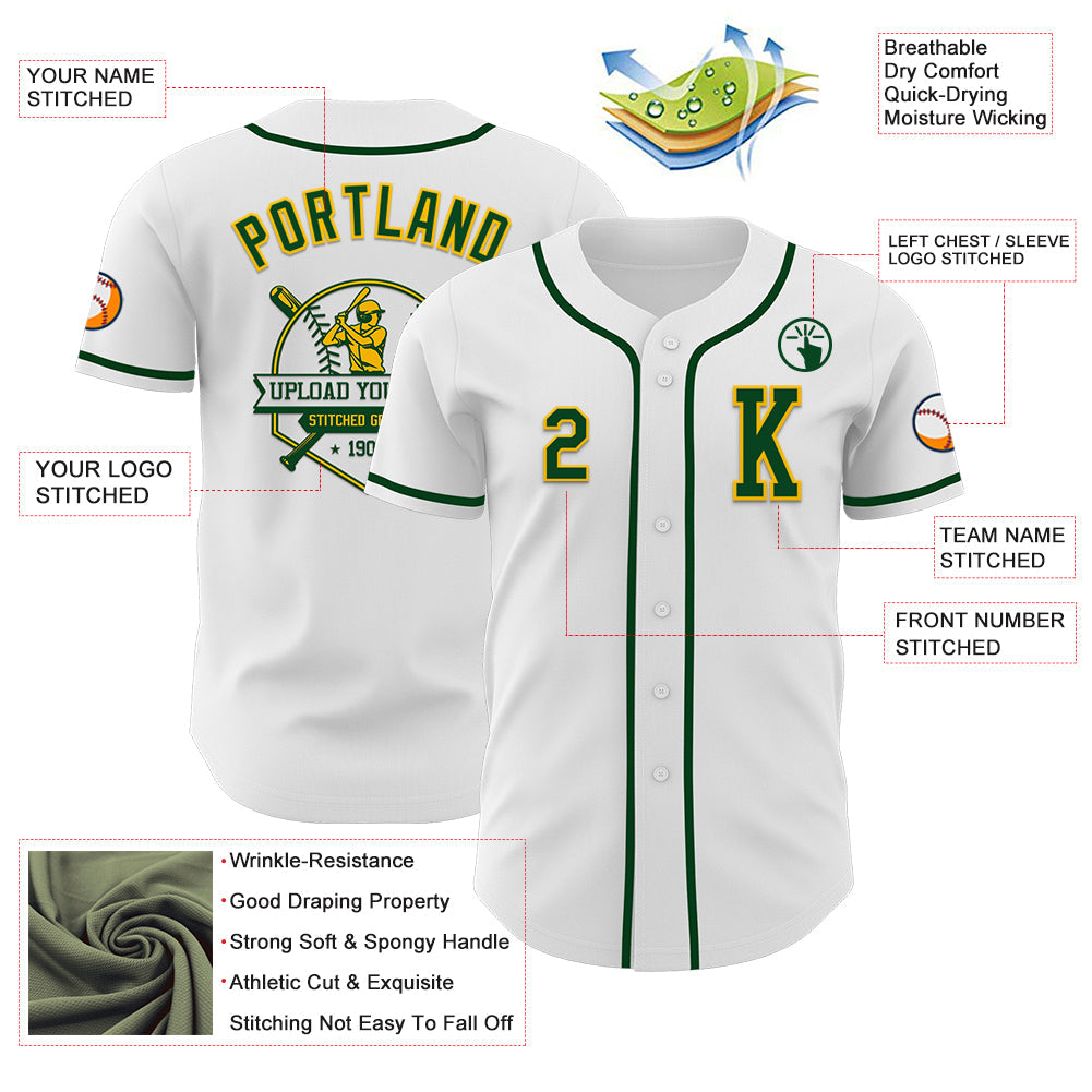 Custom White Green-Gold Authentic Baseball Jersey - Sky-Custom