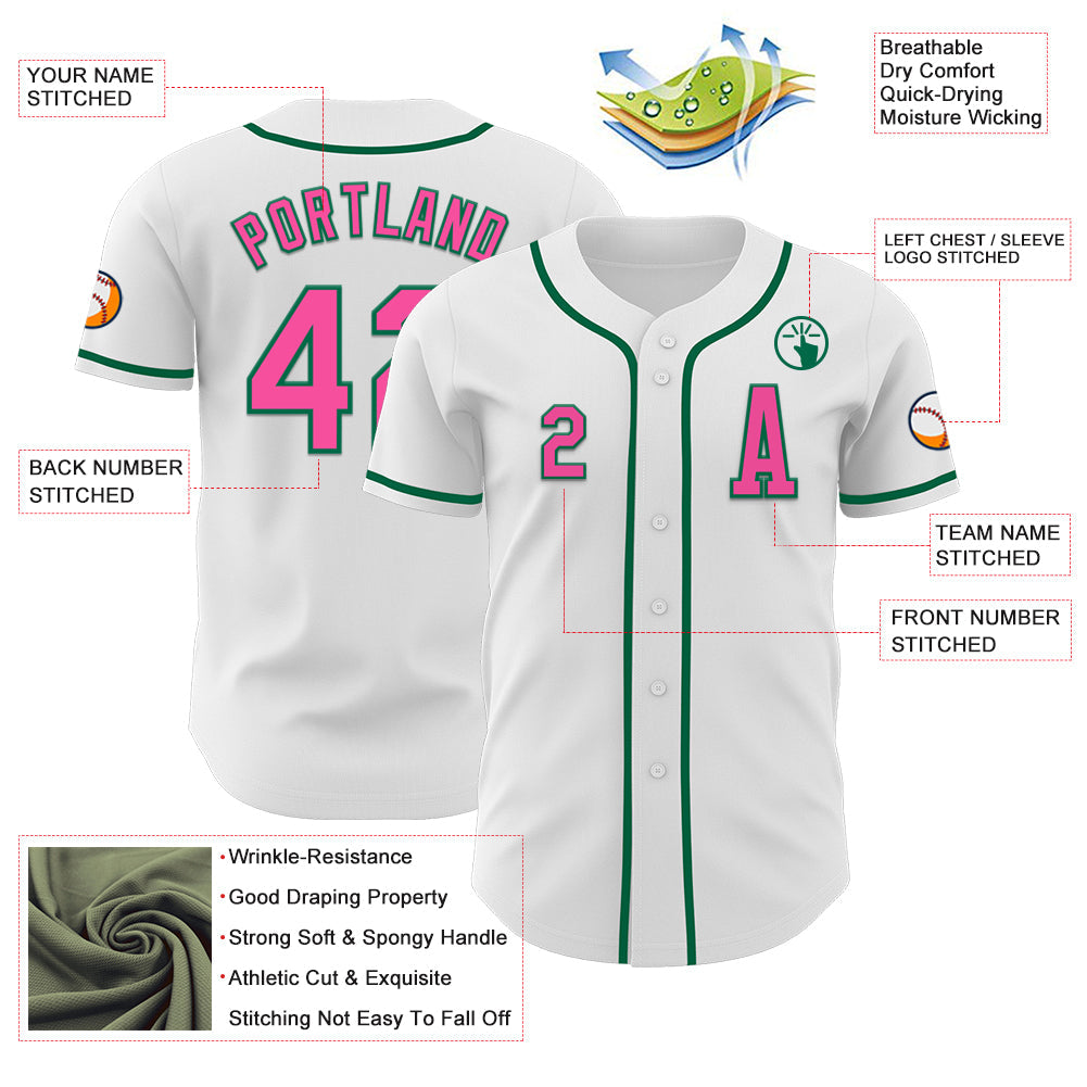 Custom White Pink-Kelly Green Authentic Baseball Jersey - Sky-Custom