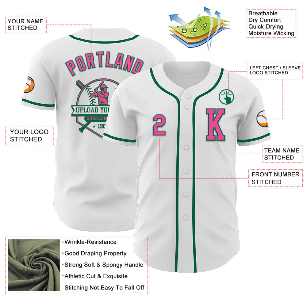 Custom White Pink-Kelly Green Authentic Baseball Jersey - Sky-Custom