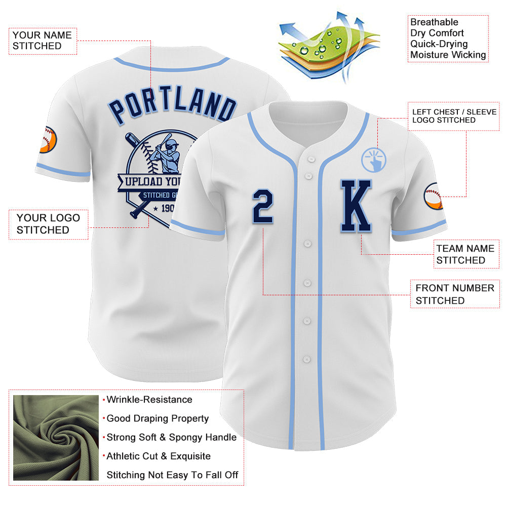 Custom White Navy-Light Blue Authentic Baseball Jersey - Sky-Custom