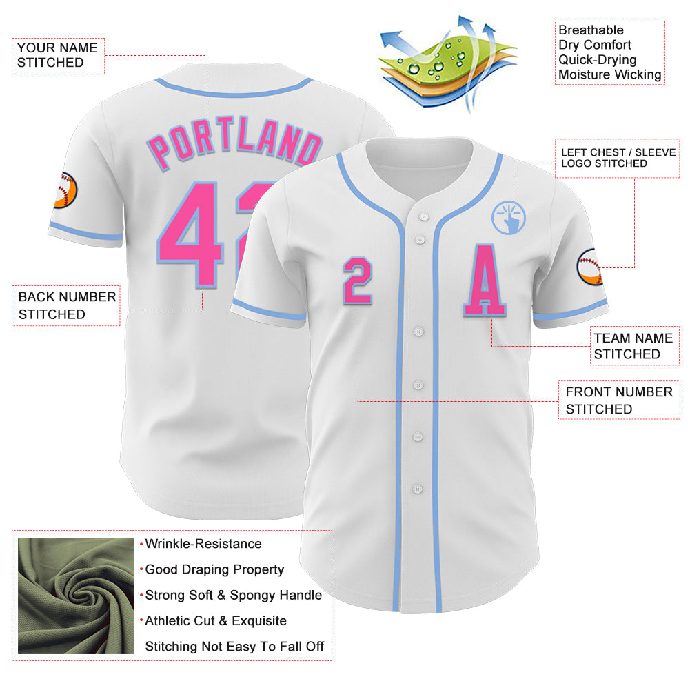 Custom White Pink-Light Blue Authentic Baseball Jersey - Sky-Custom