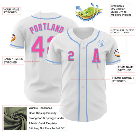 Custom White Pink-Light Blue Authentic Baseball Jersey - Sky-Custom