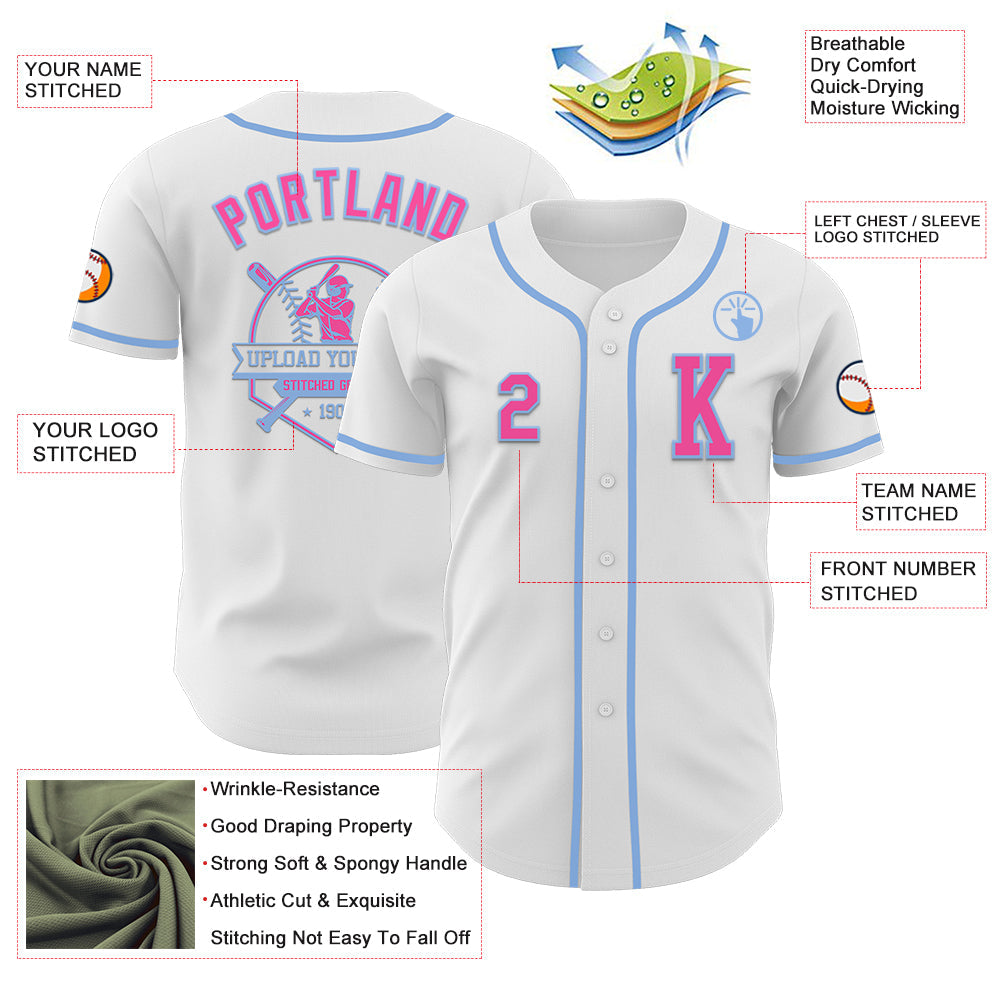 Custom White Pink-Light Blue Authentic Baseball Jersey - Sky-Custom