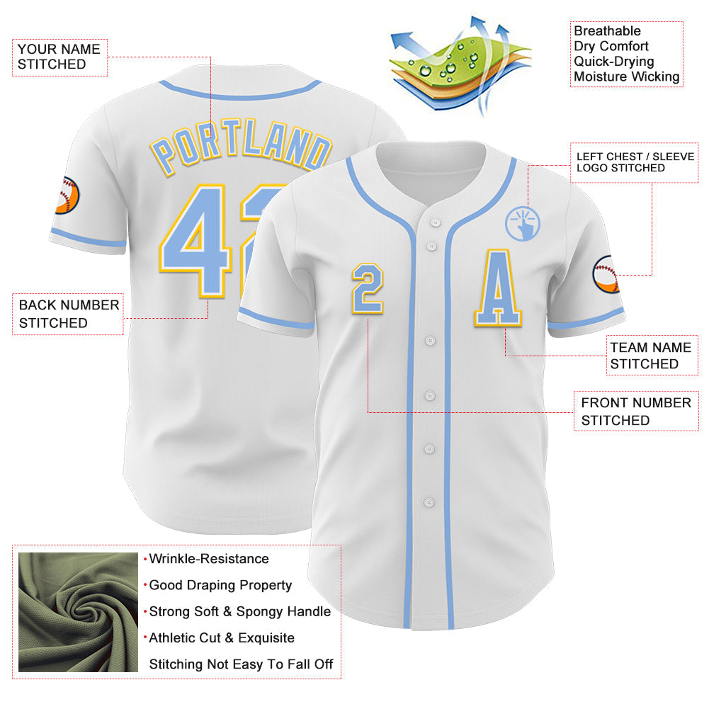 Custom White Light Blue-Yellow Authentic Baseball Jersey - Sky-Custom