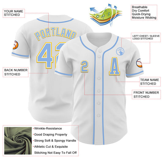 Custom White Light Blue-Yellow Authentic Baseball Jersey - Sky-Custom