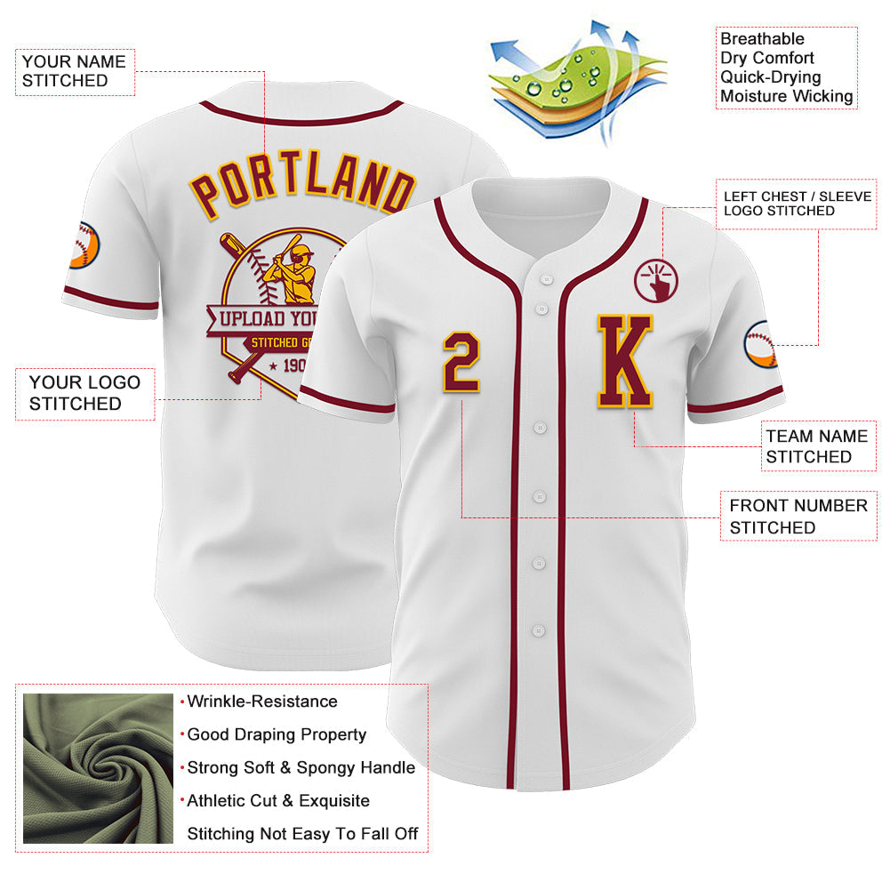Custom White Crimson-Gold Authentic Baseball Jersey - Sky-Custom